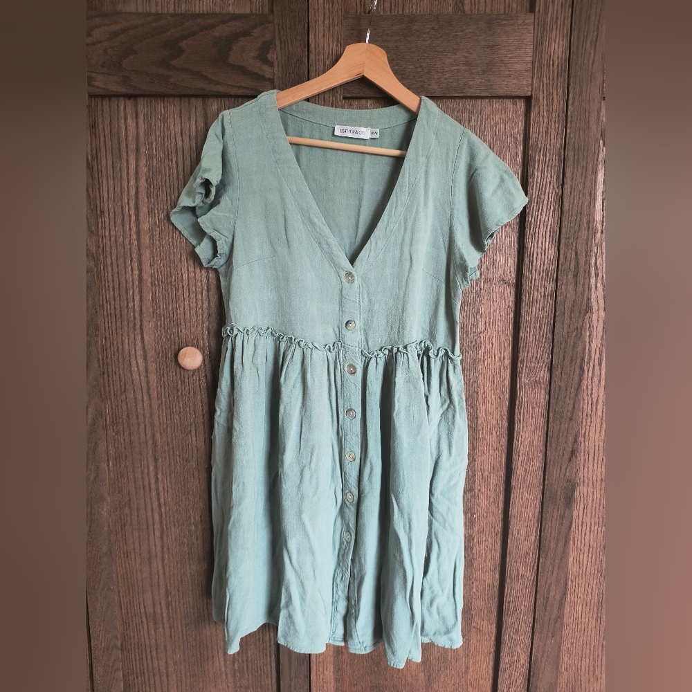 Linen/Cotton Blend Green Mini Dress w/Buttons
